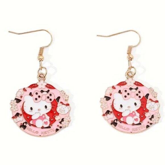 Hello Kitty Earrings Enamel Teddy Bear Sanrio Dangle Gold Goth Emo Scene Gift - Picture 2 of 2